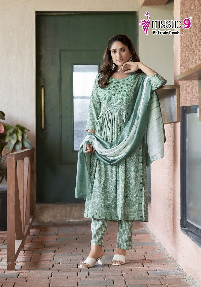 Sara Vol 12 By Mystic 9 Naira Cut Foil Printed Kurti With Bottom Dupatta Wholesale Market In Surat
